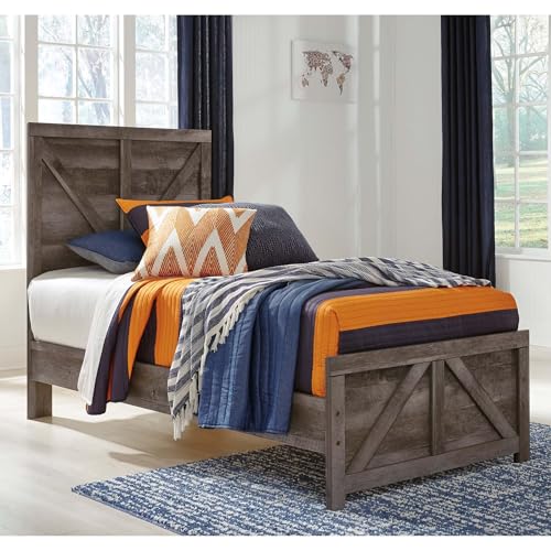 Signature Design by Ashley Wynnlow Rustic Twin Crossbuck Panel Bed with Metal Slats, Foundation or Box Spring Needed, Gray Signature Design by Ashley