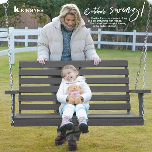 KINGYES Outdoor Hanging Porch Swing, 2 Seat Patio Swing Chair with Cup Holders, Waterproof Swing Chair Bench for Courtyard & Garden, 660LBS Weight Capacity, Gray KINGYES