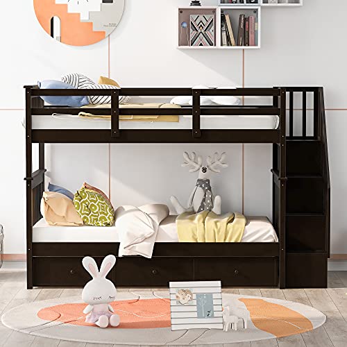 Harper & Bright Designs Twin Over Twin Bunk Bed with Stairs and Drawers, Solid Wood Stairway Bunk Bed with Storage for Kids Teens Adults, Bedroom, Dorm (Espresso) Harper & Bright Designs