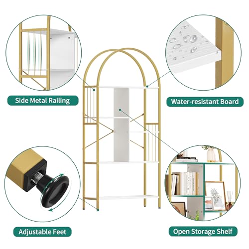 YITAHOME 5-Tier Gold Arched Bookshelf - Elegant White & Gold Storage Rack for Home, Office, and Living Space YITAHOME