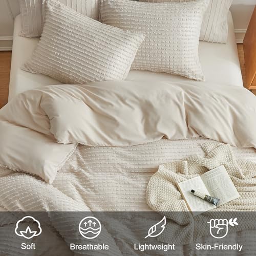 WARMDERN Boho Duvet Cover Set King Size,Khaki Striped Duvet Cover Microfiber Bedding Set,3PCS Ultra Soft Breathable Lightweight Tuft Texture Pattern Duvet Covers with Zipper Closure(Khaki,King) WARMDERN