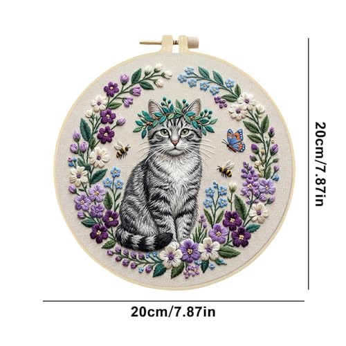 Cat Embroidery Kit for Adults - 20x20cm Pre-Stamped Pattern Cross Stitch Kit with 7.87 Inch Bamboo Hoop, Floss, Needles - DIY Craft Kit for Home Decoration & Gift Giving