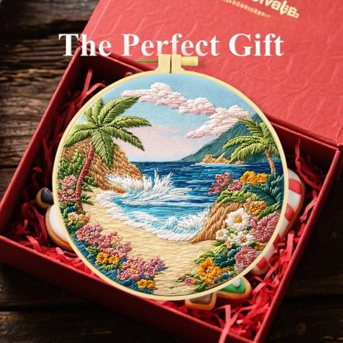 Zhenqing Beach Landscape Embroidery Kit, Seaside Floral Craft Set with 20cm Hoop, Printed Design on 29x29cm Cotton Fabric, DIY Coastal Wall Art (JC0027)