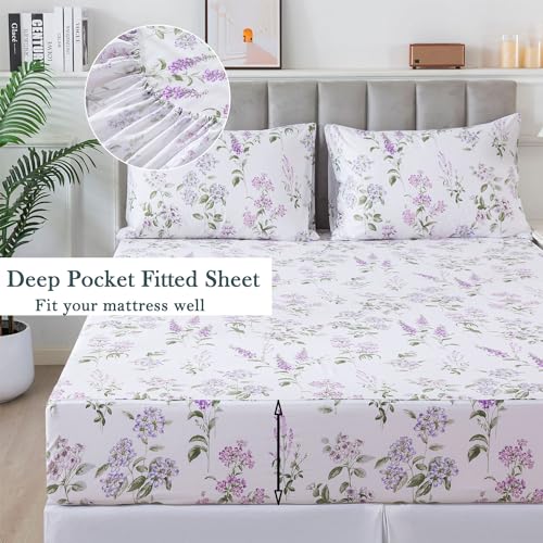 FADFAY Twin XL Botanical Sheets for College Percale Cotton Teal Green Leaves Patterned Bed Sheet Minimalist Bedding Dorm Room Soft Crisp & Cool Deep Pocket Fitted Sheet, 4Pc, Twin Extra Long Sheet FADFAY