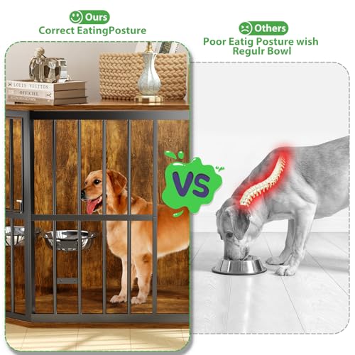 MODCART Medium Dog Crate Furniture, 42โ Heavy Duty Corner Dog Crate with 2 Stainless Steel Bowls, Dog Kennel Furniture Style House, Wooden Decorative Pet House End Side Table, Chew-Resistant, Rustic MODCART