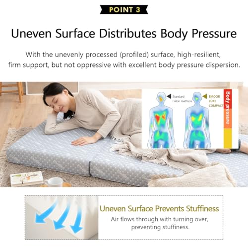 EMOOR Luxe Tri-Fold Compact Mattress (71 x 32 in) Gray, Urethane Removable Cover Outdoor Camping Portable Guest Handles Japanese Futon Mattress Tatami EMOOR