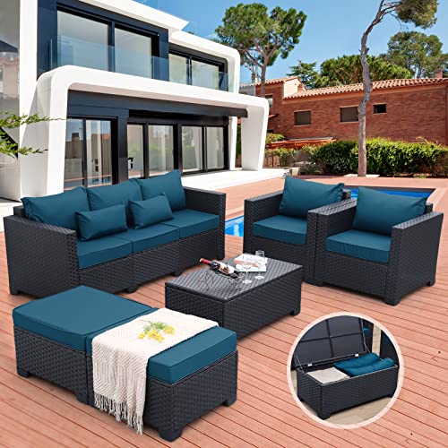 Rattaner Patio Furniture Set 6 Pieces Couch Outdoor Chairs Coffee Table Peacock Blue Anti-Slip Cushions and Waterproof Covers Rattaner