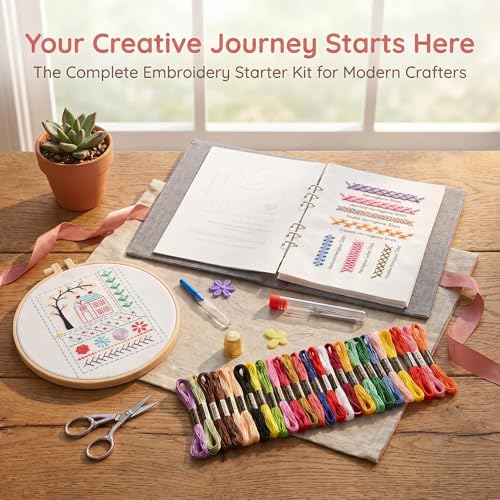 Tofficu 2026 Upgraded Embroidery Stitch Book - 180 Patterns Embroidery Starter Practice Book, Beginner Cross Stitch Supplies Kit with 6-Ring Binder 24-Color Threads & Tools for Adults DIY Craft Gift