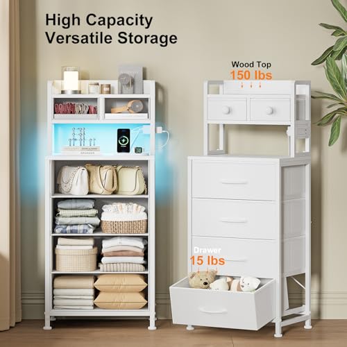 REAHOME 41 Inch Tall Nightstand with Charging Station, LED Night Stand with 6 Fabric Drawers, Bed Side Table with 3-Tier Wood Storage Shelves for Bedroom, Office, Small Spaces, White REAHOME