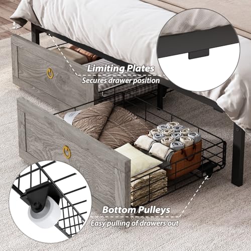 TIGUBFRE Full Bed Frame with Storage Headboard, Farmhouse Wood Bed Frame Full Size with 4 Drawers, LED Light & Charging Station, Metal Slats Support, Noise Free, No Box Spring Needed, Rustic Gray TIGUBFRE