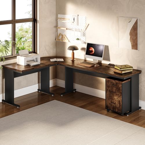 LITTLE TREE 83 Inch L-Shaped Office Desk with Drawers, Large Executive Office Desk with Storage, Wooden Computer Desk with File Cabinet, Modern Work Desk for Home Office, Brown LITTLE TREE