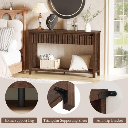 BON AUGURE Console Table with 2 Drawers, 47In Entryway Table with Storage, Sofa Tables with Two-Tier Shelf, Narrow Farmhouse Fluted Couch Tables for Living Room, Rustic Oak BON AUGURE