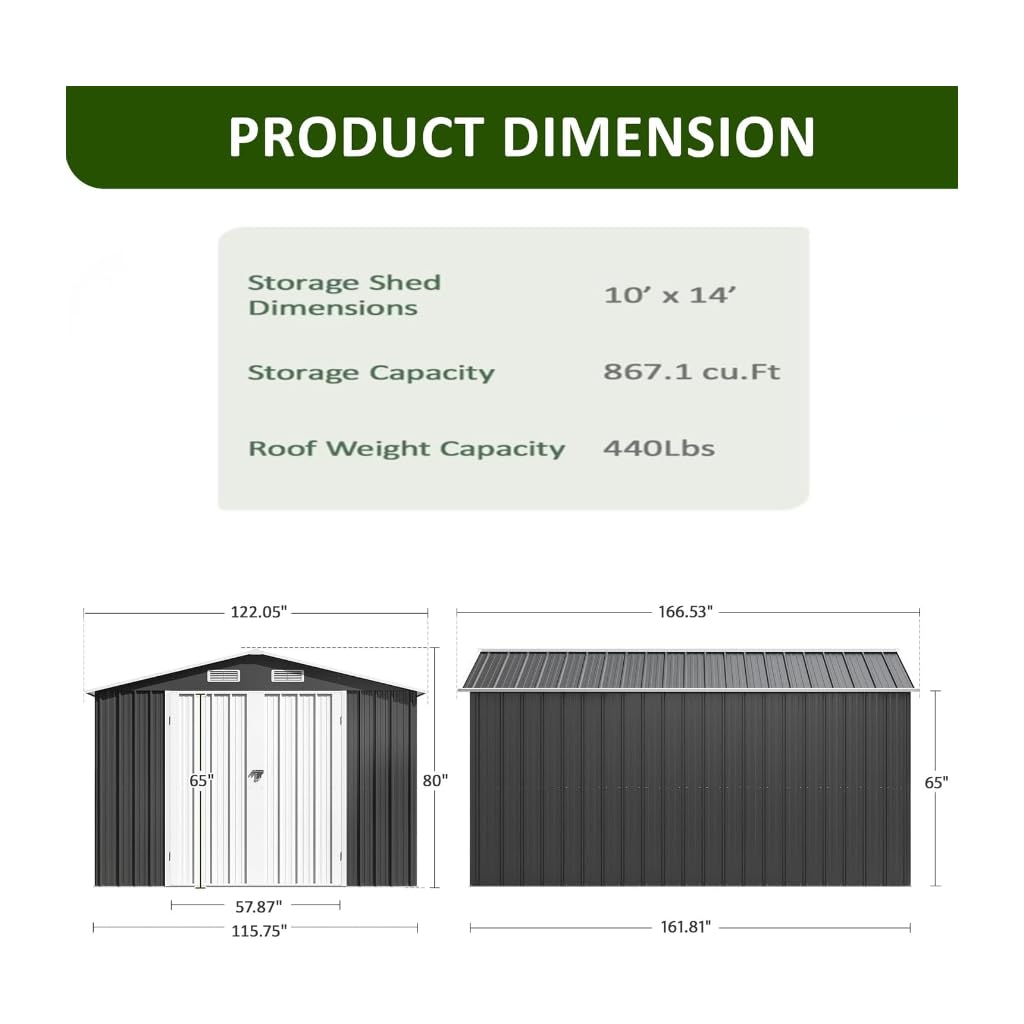 10x14 FT Outdoor Storage Shed with Reinforced Frame, Lockable Tool Shed for Backyard and Garden, All-Weather Metal Structure in Grey (Grey, 10x14 FT) Generic