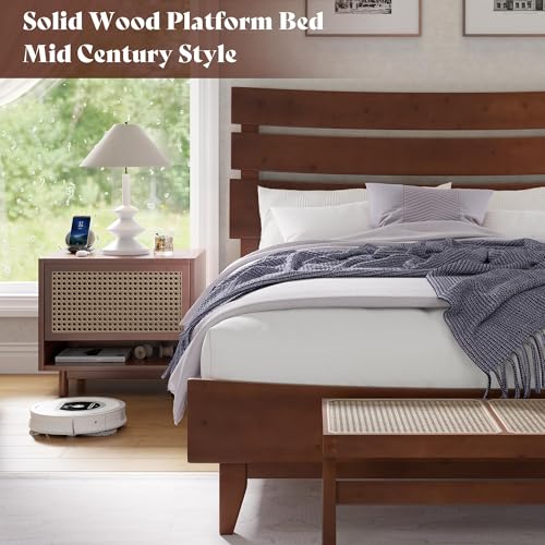VanAcc Queen Size Solid Wood Bed Frame, Mid Century Platform Beds with Slatted Headboard, Wood Slat Support/No Box Spring Needed/Noise Free/Walnut VanAcc
