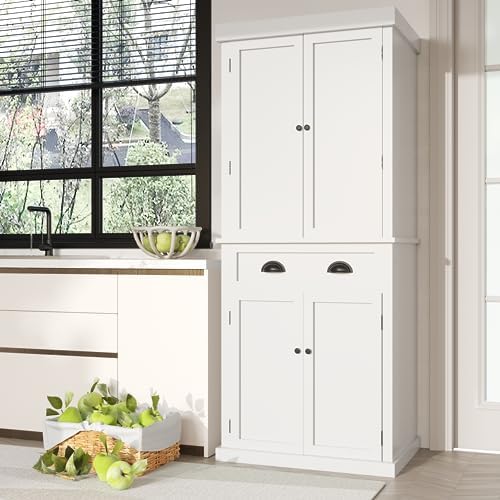 Furniwell 72" Kitchen Storage Cabinet with Drawer, Tall Kitchen Pantry Cabinet with Doors and 3 Adjustable Shelves, Freestanding Cupboard for Kitchen, Dining Room, Living Room (White) Furniwell