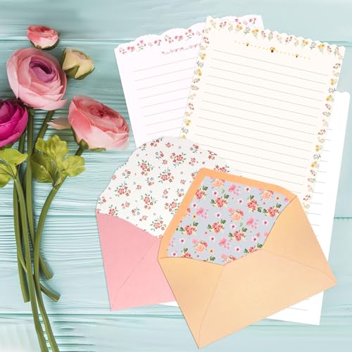 KSIWRE Stationary Paper and Envelopes Set, 24 PCS Writing Stationery Paper with 12 PCS Envelopes, Warm Floral Themed Envelope and Stationery Design for Invitations Gift Decorations Holiday Party KSIWRE