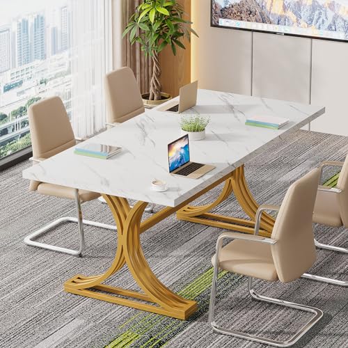 Tribesigns 10.5FT Faux Marble Conference Table, Modern Meeting Table with Gold Legs for 8-10 People, Rectangle Seminar Boardroom Table for Office Conference Room (4, White + Gold) Tribesigns