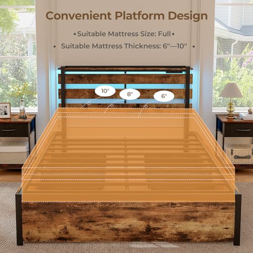 Giantex Full Bed Frame with LED Lights Headboard and 4 Storage Drawers, Metal Platform Bed with Outlets and USB Ports Charging Station, Easy Assembly, No Box Spring Needed, Smart LED Bed Frame Giantex