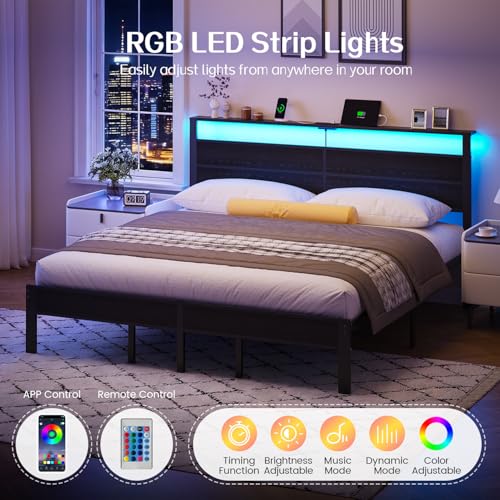 King Size Bed Frame with LED Lights and Charging Station, King Size Platform Bed with Metal Slats and Wood Headboard, No Box Spring Needed,Black Liians