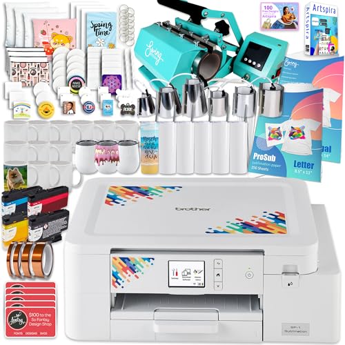 Brother SP-1 Dye-Sublimation Printer Bundle with 7-in-1 Turquoise Tumbler, Mug & Cup Press, Full Ink Set, 310 Sublimation Transfer Sheets, Sublimation Blanks, Tape and More