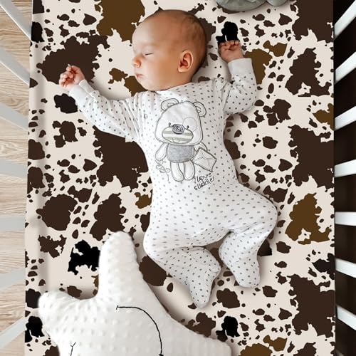 Hahafelt 3 Piece Patchwork Western Crib Bedding Set for Boys Girls Cow Cactus Print Baby Bedding Barnyard Western Nursery Decor Soft Baby Bed Set Includes Quilt Fitted Crib Sheet Bed Skirt(Cowboys) Hahafelt