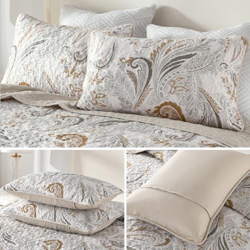 WONGS BEDDING Boho Quilt Set Queen,Beige Paisley Floral Pattern Bedspread Coverlet Set with 2 Pillowcases,Lightweight Microfiber Bohemian Quilt Bedding Set 96"×90" WONGS BEDDING