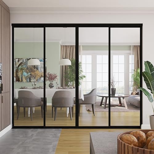The Sliding Door Company 4 Panel Sliding Glass Interior Room Divider, Clear Tempered Glass (Black, 120" W x 96" H) The Sliding Door Company
