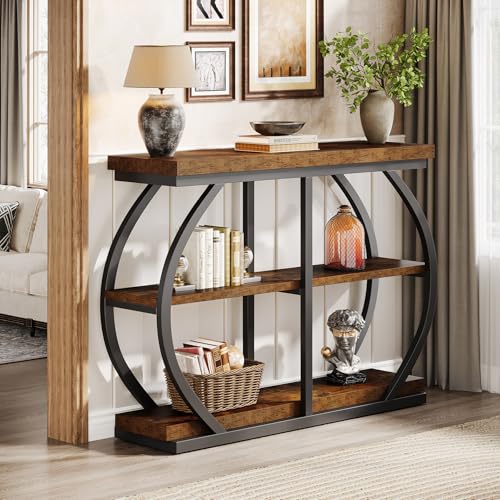 Tribesigns 41.3" Console Table, Industrial 3-Tier Entryway Table with Arched Metal Frame and Storage Shelves for Living Room, Hallway, Rustic Brown Tribesigns