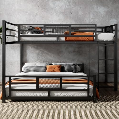 MERITLINE L-Shaped Metal Bunk Bed with Guardrails, Twin Over Full Bunk Bed Frame for Teens, Black MERITLINE