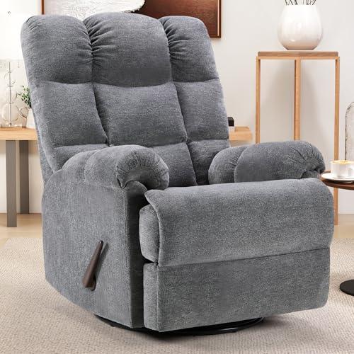 CANMOV Swivel Rocker Recliner for Adults,Glider Rocking Reclining Chair for Nursery,Manual Recliner Chair with Overstuffed Back and Arms for Living Room Bedroom Nursery,Grey