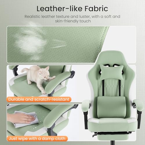 Sweetcrispy Computer Gaming Chair - High Back Ergonomic Desk Chair with Footrest and Lumbar Support, Height Adjustable Task Chair with Linkage Armrests and Headrest, 360° Swivel Wheels, Green Sweetcrispy