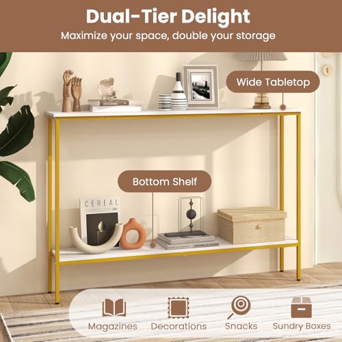Giantex 44" Gold Console Table with Shelf, Narrow Long Entryway Table with Dual Anti-Tipping Kits & Metal Frame, 2-Tier Sofa Table Behind Couch, Hallway Table for Living Room, Entrance, Foyer Giantex