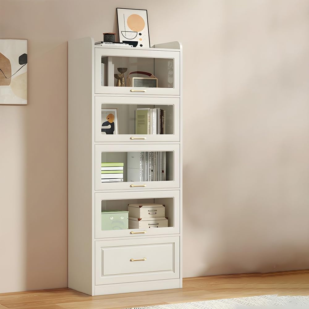 LITFAD Modern White Wooden Bookcase with Glass Doors & Drawer for Minimalist Storage LITFAD