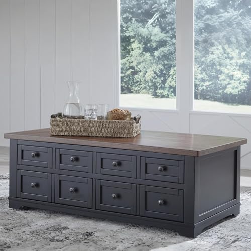 Signature Design by Ashley Wildenauer Lift Top Cocktail Table, Satin Finish Base, 2 Drawers, 2 Storage Bins, Hardwood Solids, 52" W x 28" D x 19" H, Light Brown & Black Signature Design by Ashley
