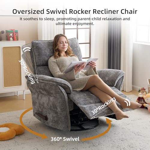 Rhevoy Oversized Glider Rocker Recliner, 26" Extra Wide 360° Swivel Nursery Recliner with Adjustable Headrest, Chenille Rocking Nursery Chair with Overstuffed Armrest, Lumbar Support, Dark Grey
