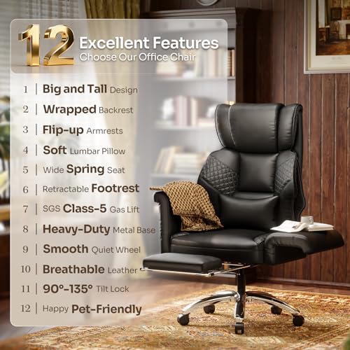 Ergonomic Office Chair with Footrest, Criss Cross Legged Desk Chair with Flip-Up Arms, Wider Thicker Spring Seat, Lumbar Pillow, Pet-Friendly, 500LBS Big and Tall Heavy-Duty Executive Leather Chair SUNNOW