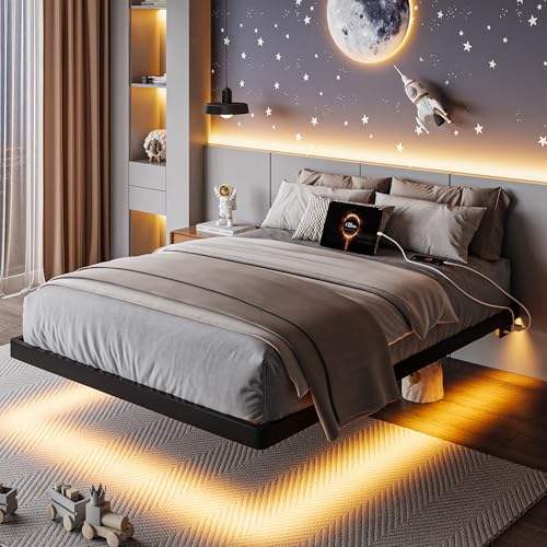 Feonase Twin Size Floating Bed Frame with Charging Station and LED Lights, Metal Bed Frame with Heavy Duty Steel Slats Supports, No Box Spring Needed, Easy Assembly, Black Feonase