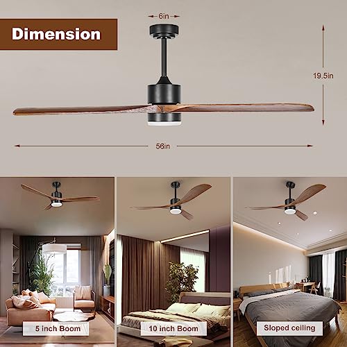 Wisful Ceiling Fans with Lights Remote Control, 56" Outdoor Wood Ceiling Fan with Light Memory for Patio Gazebo Living Room Bedroom, Walnut & Matte Black Wisful