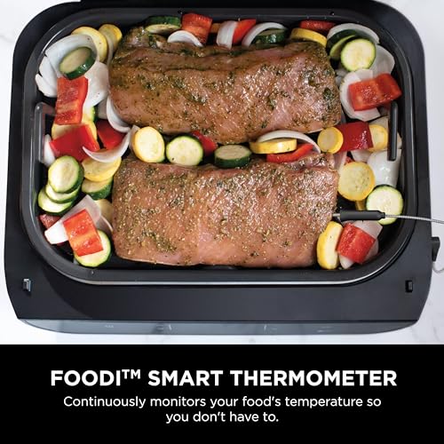 Ninja Indoor Grill, Foodi Smart XL 6-in-1 Indoor Grill with Air Fry, Roast, Bake, Broil & Dehydrate, Smart Thermometer, Black/Silver, FG551 Ninja