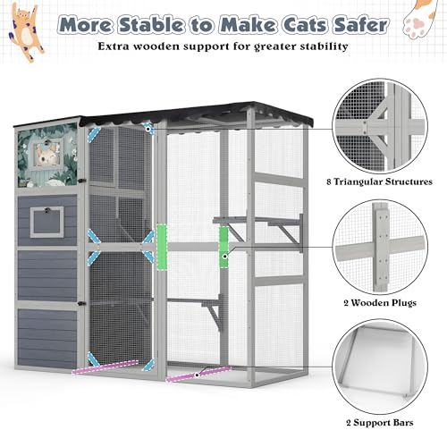 COZIWOW Large Wood Cat Catio, Outdoor Enclosure with Weatherproof Roof, 2 Resting Rooms, 2 Platforms, 4-Tier Cat Playpen (Grey with Pattern) COZIWOW