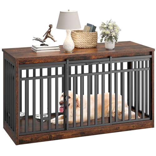 DWVO 55" Extra Large Dog Crate Furniture, Heavy Duty Metal Dog Kennel TV Stand with Sliding Door, Wooden Dog Cage Table with Dog Bowl for Extra Large Medium Dogs or 2 Small Dogs, Rustic Brown DWVO