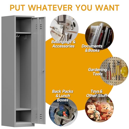 Firstsky 71'' Metal Locker with Keys for School,Gym,3 Tier Steel Office Storage Locker with Hook,Tall Cabinet for Employees (Gray, 1-Door) Firstsky