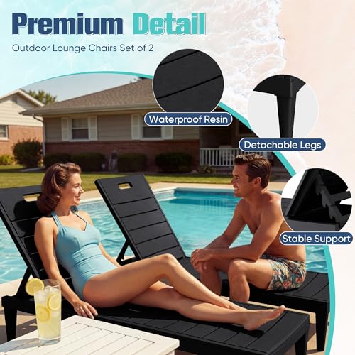 Devoko Outdoor Chaise Lounge Chair Set of 2 with 5-Position Adjustable Back, Waterproof & Lightweight PP Lounge Chairs for Outside Pool Patio (Black)