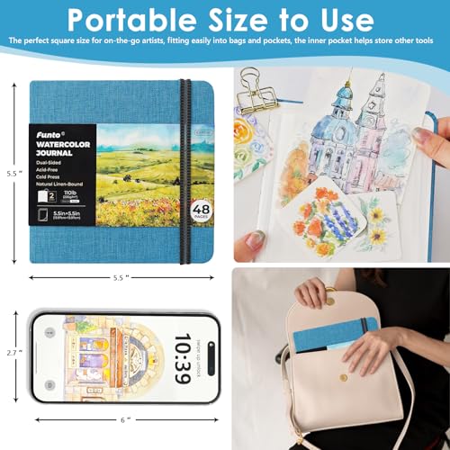 Funto Watercolor Journal, Square, 5.5x5.5, Portable 2-Pack, 48 Pages Each, Blue Cover, 110lb/230gsm, Art Supplies for Mixed Media Funto