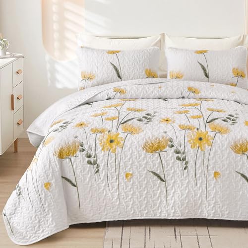 Dinjoy Quilt Set Queen Cute Floral Bedspread Coverlet Yellow Flower Quilts Microfiber Lightweight Summer Bedding Sets Reversible Soft Quilted Bed Cover for All Season(96"x90") Dinjoy
