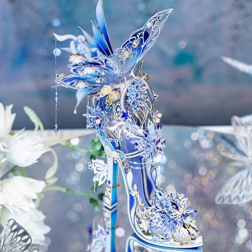 MU Metal Puzzles for Adults Wedding Ice Blue Shoe Cinderella Shoes Puzzle 3D Metal Model Kits Building, DIY Sets Xmas Birthday Wedding Girfriend Gifts Home Desk Decor Craft Projects