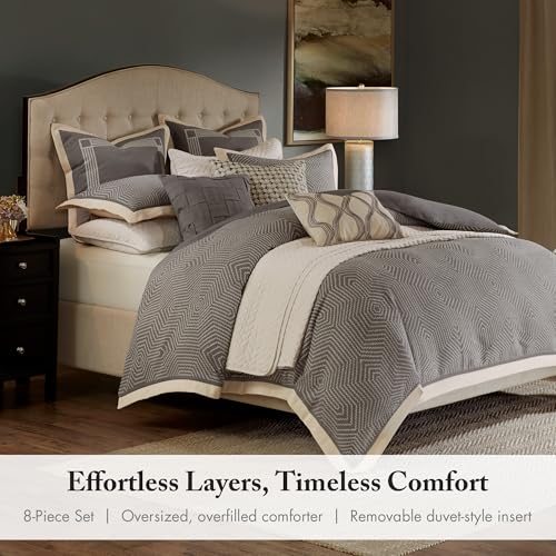Madison Park Signature Cozy Comforter Set - All Season Bedding Combo Filled Insert and Removable Duvet Cover, Shams, Decorative Pillows, King (110 in x 96 in), Geometric Grey 10 Piece Madison Park