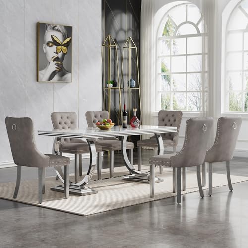 Goujxcy 7 Piece Marble Dining Table Set for 6, Luxury 70" White Marble Silver Kitchen Table with 6 Grey Velvet Upholstered Chairs, Modern 6 Person Dining Room Table Set for Kicken Dining Office Room Goujxcy
