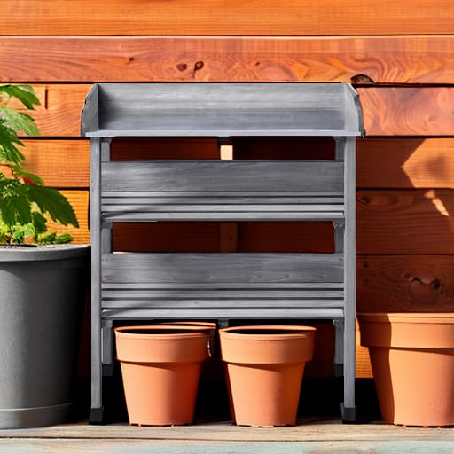 Yaheetech Garden Potting Table Horticulture Potting Bench w/Storage Shelf W/Metal Tabletop w/Hook 3 Shelves Workstation Work Benches Station, Gray Yaheetech