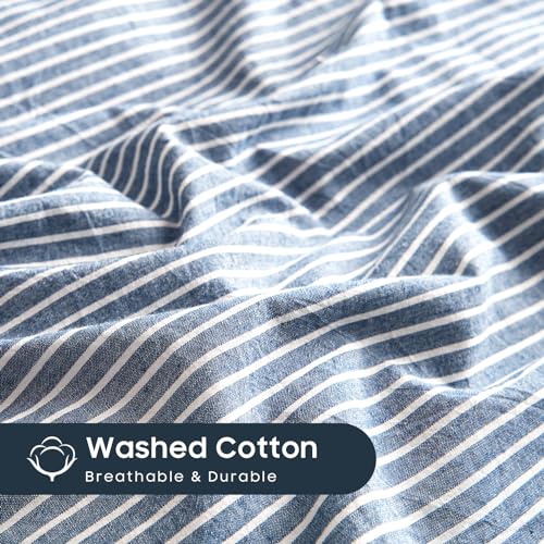 Wake In Cloud - Striped Cotton Duvet Cover Set, 100% Washed Cotton Textured Percale Bedding Set, Ticking Stripe Pinstripe Farmhouse, 3 Pieces, Denim Blue, Full Size Wake In Cloud